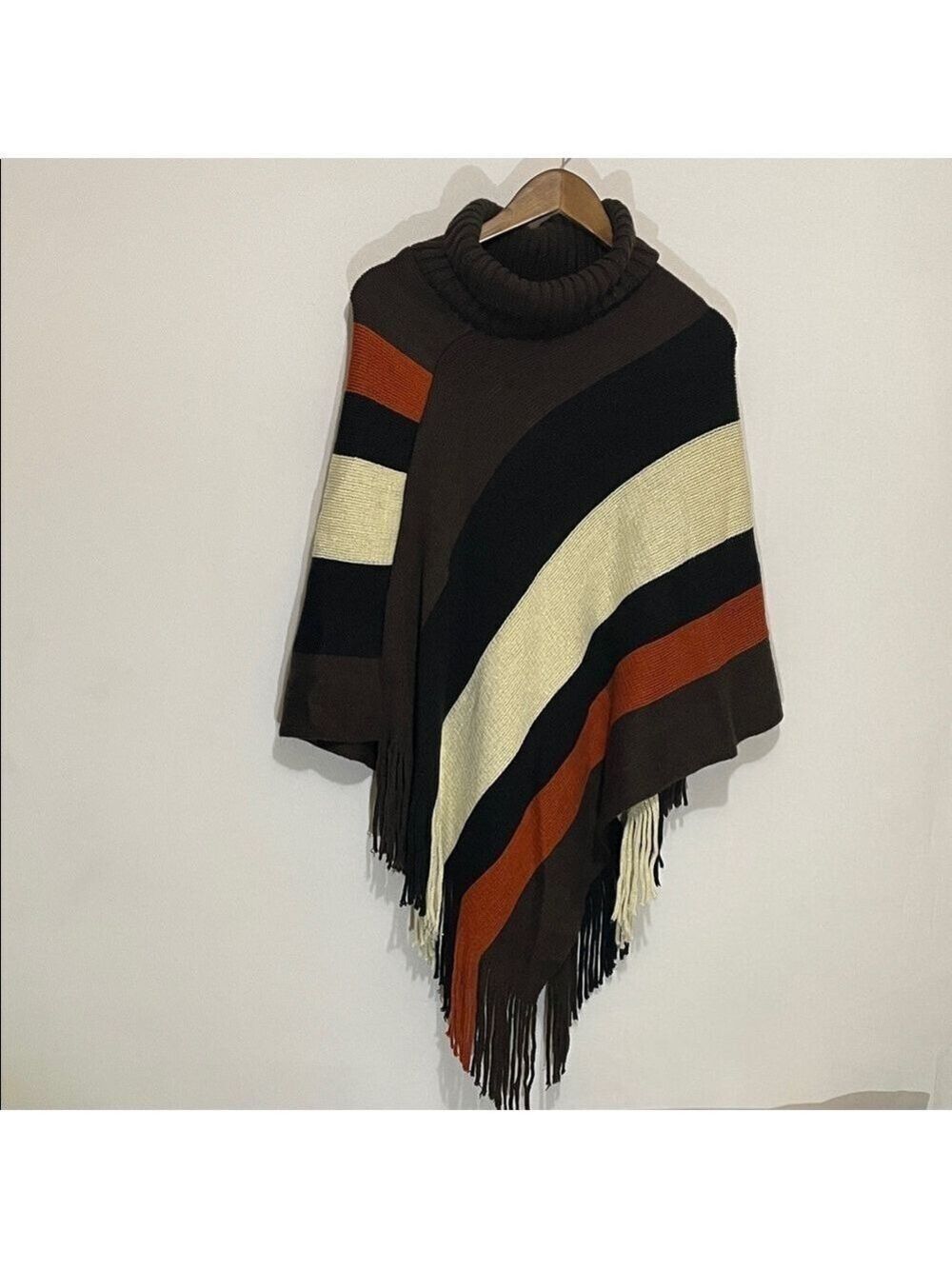 C. MODE Striped Brown and Orange Women's Sweater Poncho